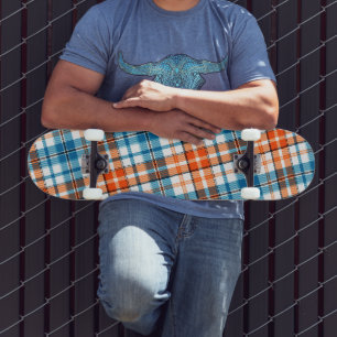 White Orange Blue Plaid Tartan Design  Skateboard