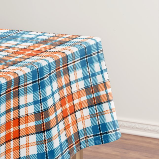 White Orange Blue Plaid Tartan Design  Tablecloth (In Situ)