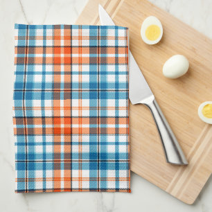 White Orange Blue Plaid Tartan Design  Tea Towel