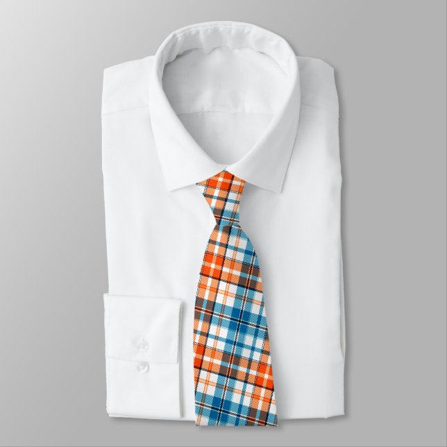 White Orange Blue Plaid Tartan Design  Tie (Tied)