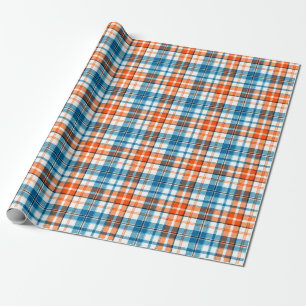 White Orange Blue Plaid Tartan Design Wrapping Paper