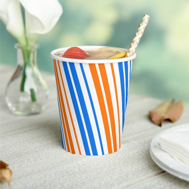 White Orange Blue Vertical Stripes Design   Paper Cups (Insitu)