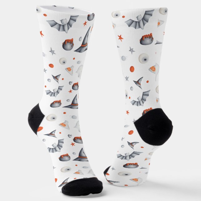 White Orange Cauldrons Bats Illustrated Halloween Socks (Angled)