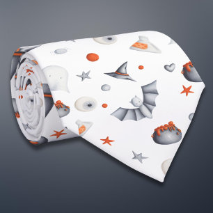 White Orange Cauldrons Bats Illustrated Halloween Tie