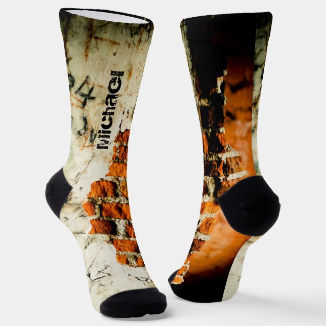 White orange Cool brick wall grafiti Custom name Socks (Angled)