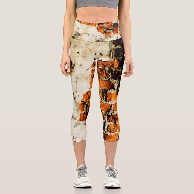 White orange Cool old brick wall graffiti Capri Leggings (Front)