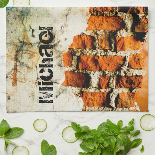 White orange Cool old brick wall grafiti Your name Tea Towel (Folded)