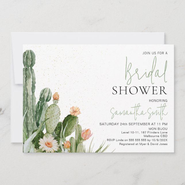 White Orange Floral Cactus Succulent Bridal Shower Invitation (Front)