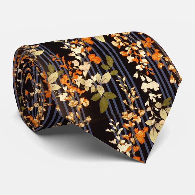WHITE ORANGE FLOWERS ,BLUE BLACK STRIPES Floral Tie (Rolled)