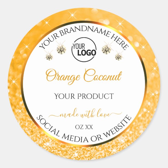 White Orange Glitter Product Labels Logo Diamonds (Front)