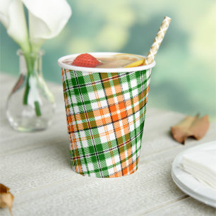 White Orange Green Plaid Tartan Design Paper Cups