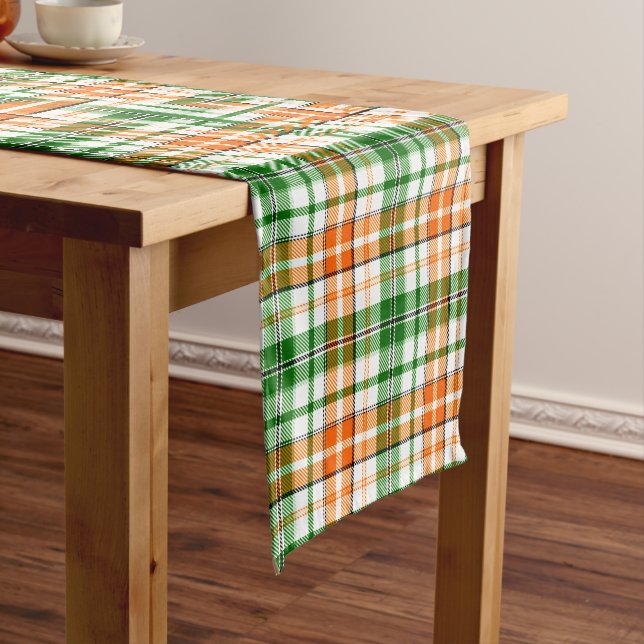 White Orange Green Plaid Tartan Design  Short Table Runner (In Situ)