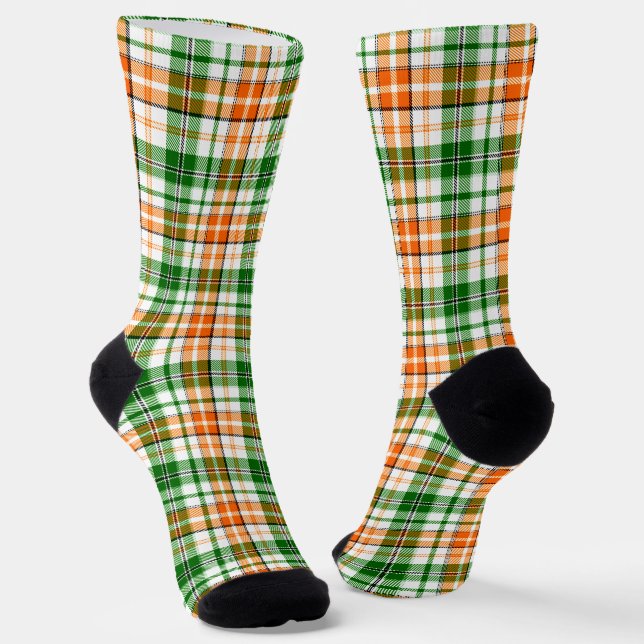 White Orange Green Plaid Tartan Design  Socks (Angled)