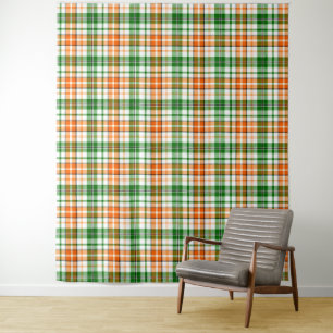 White Orange Green Plaid Tartan Design Tapestry