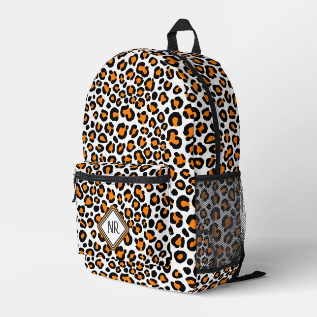 White & Orange Leopard Pattern Girly Cheetah Print Printed Backpack (Back Corner Right)