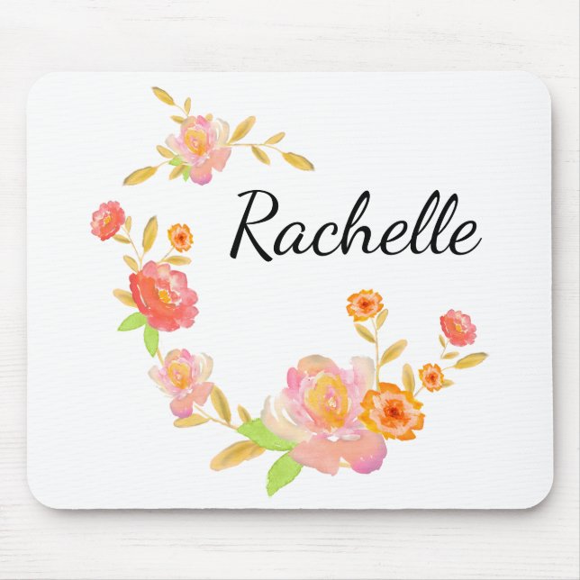 White Orange & Pink Floral Monogram Add Your Name Mouse Pad (Front)