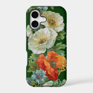 White Orange Poppies Vintage Art on Green