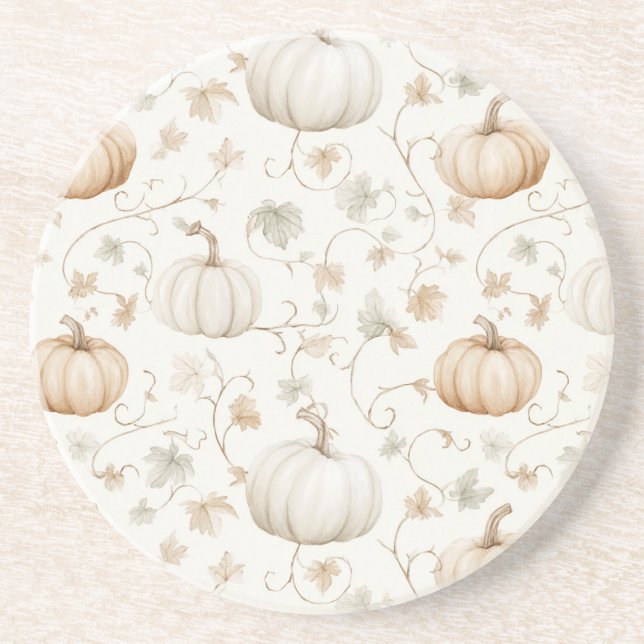 White Orange Pumpkins Leaves Coaster (Front)