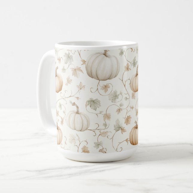 White Orange Pumpkins Leaves Coffee Mug (Front Left)