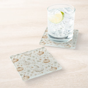 White Orange Pumpkins Leaves Glass Coaster