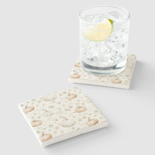 White Orange Pumpkins Leaves Stone Coaster