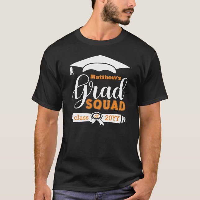 White & Orange Text Custom Mens Black Grad Squad T-Shirt (Front)