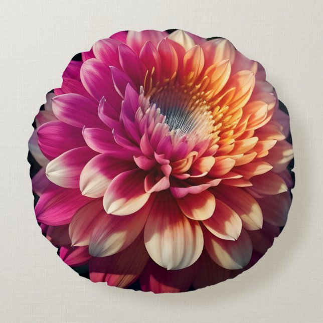 White Orange Yellow Pink Purple Blue Dahlia Flower Round Cushion (Front)