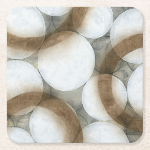 White Orbs & Brown Circles Square Paper Coaster