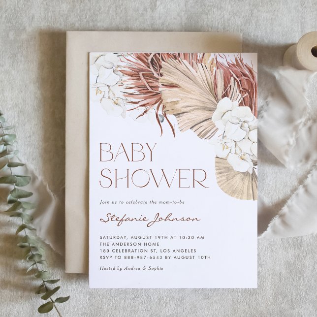 White Orchid and Dried Palm Boho Baby Shower Invitation (This boho baby shower invitation features watercolor white orchids, dried palm leaves, and pampas.)