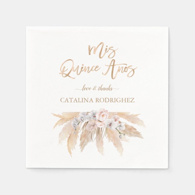 White Orchid Blush Roses Pampas Grass Quinceañera Napkin (Front)