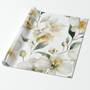 White Orchid Elegant Yellow Floral Botanical  Wrapping Paper