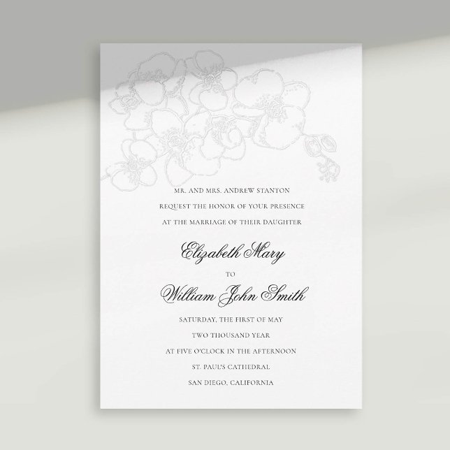 White Orchid Faux Embossed Formal Elegant Wedding Invitation (orchid wedding invitation faux embossed white black formal traditional elegant modern classic)