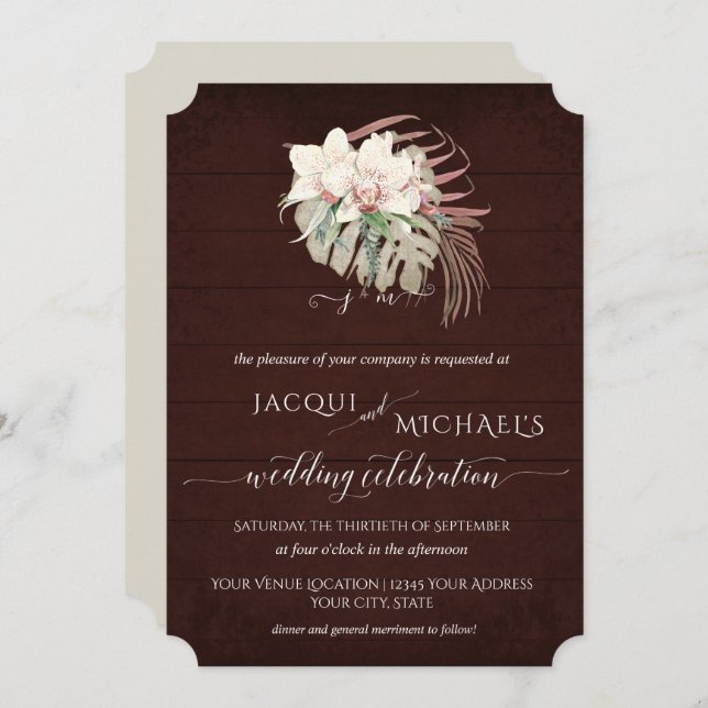 White Orchid Floral BOHO moody Burgundy Tropical Invitation (Front/Back)