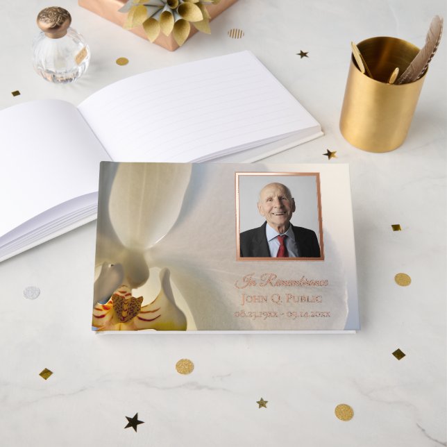 White Orchid Flower Celebration of Life Memorial Guest Book (Front Open)