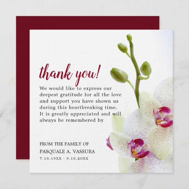 White Orchid Flower Funeral Thank You Card (Front/Back)