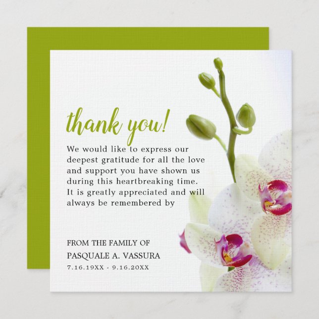 White Orchid Flower Funeral Thank You Card (Front/Back)