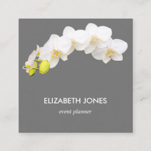 White Orchid Flowers Lilac Grey Background Square Business Card