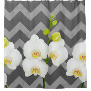 White Orchid Flowers & Medium Grey Chevrons Shower Curtain