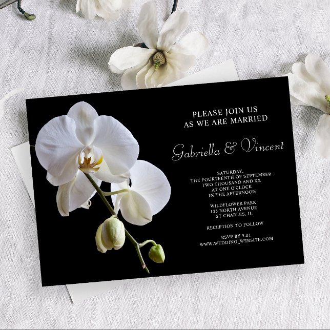 White Orchid Flowers on Black Wedding Invitation (Set an elegant tone for your marriage ceremony with the White Orchid on Black Wedding Invitation.)