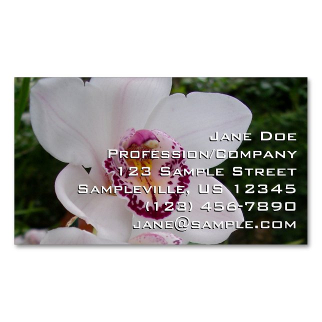 White Orchid I Beautiful Tropical Flower Magnetic Business Card (Front)