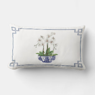 White Orchid in blue and white Chinoiserie Bowl Lumbar Cushion