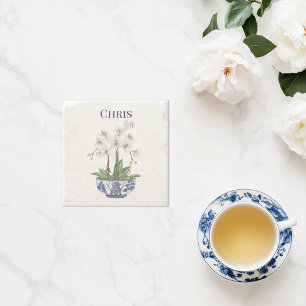 White Orchid in Chinoiserie Bowl  Stone Coaster