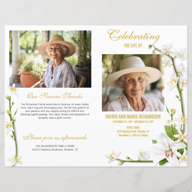 White Orchid Lily 2 Photo Funeral Program (Front)