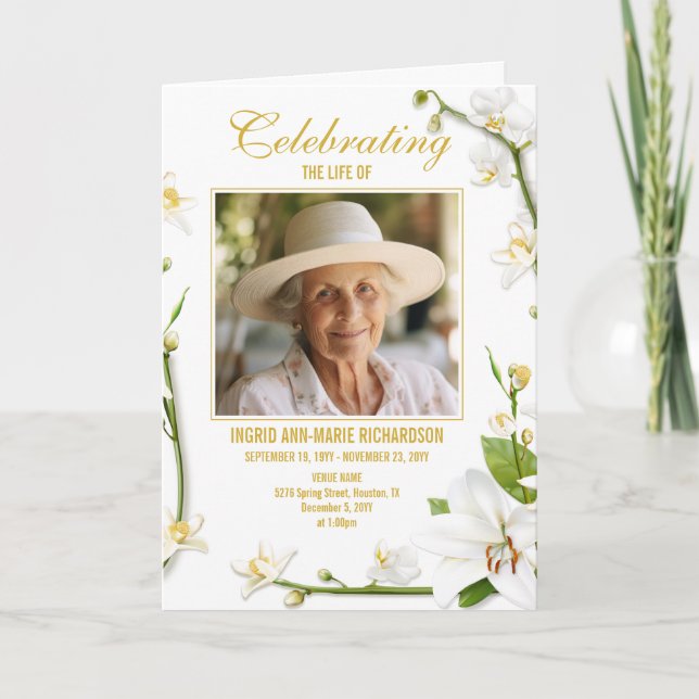 White Orchid Lily Two Photo Funeral Program Programme (Front)