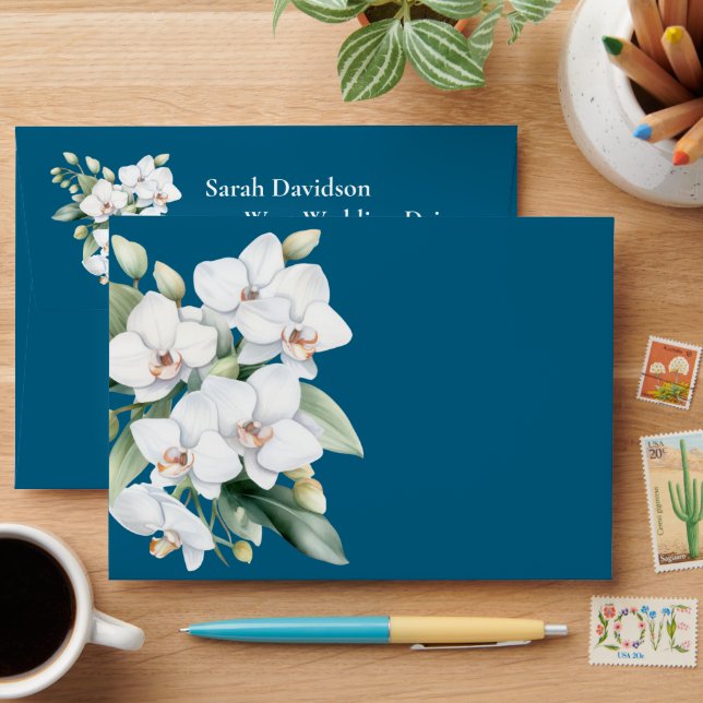 White Orchid Ocean Blue Wedding Envelopes (Desk)
