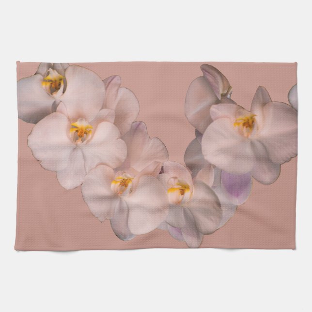 White orchid on badge tea towel (Horizontal)
