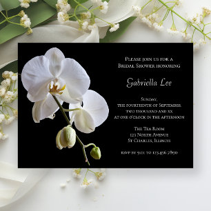 White Orchid on Black Bridal Shower Invitation