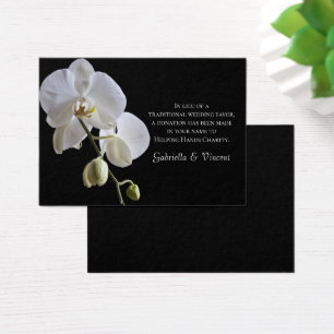 White Orchid on Black Charity Wedding Favour Card