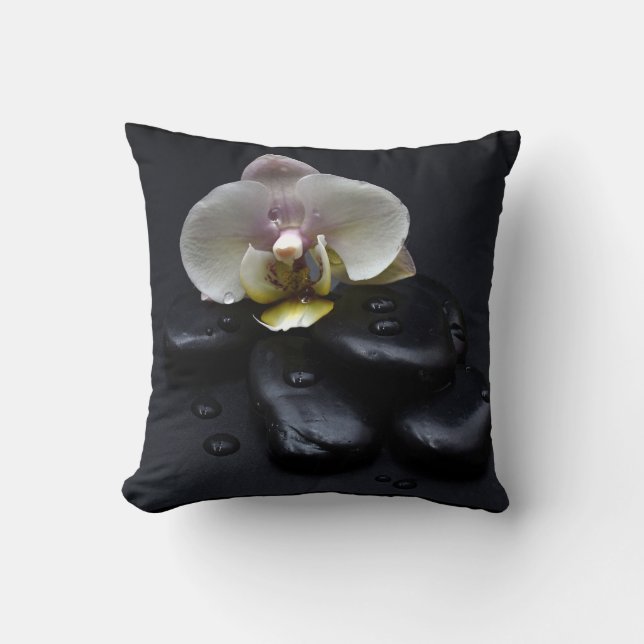 White Orchid On Black Stones Cushion (Front)