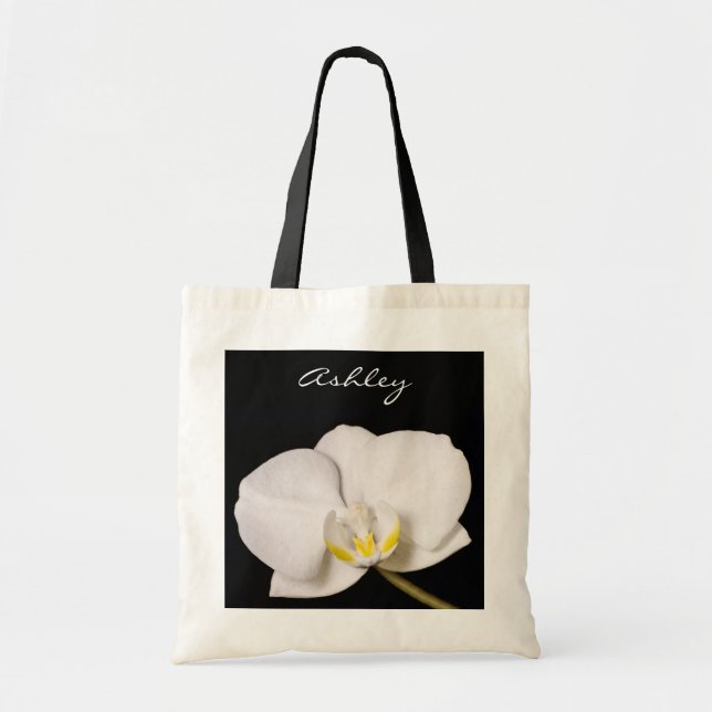White Orchid On Black Tote Bag (Front)